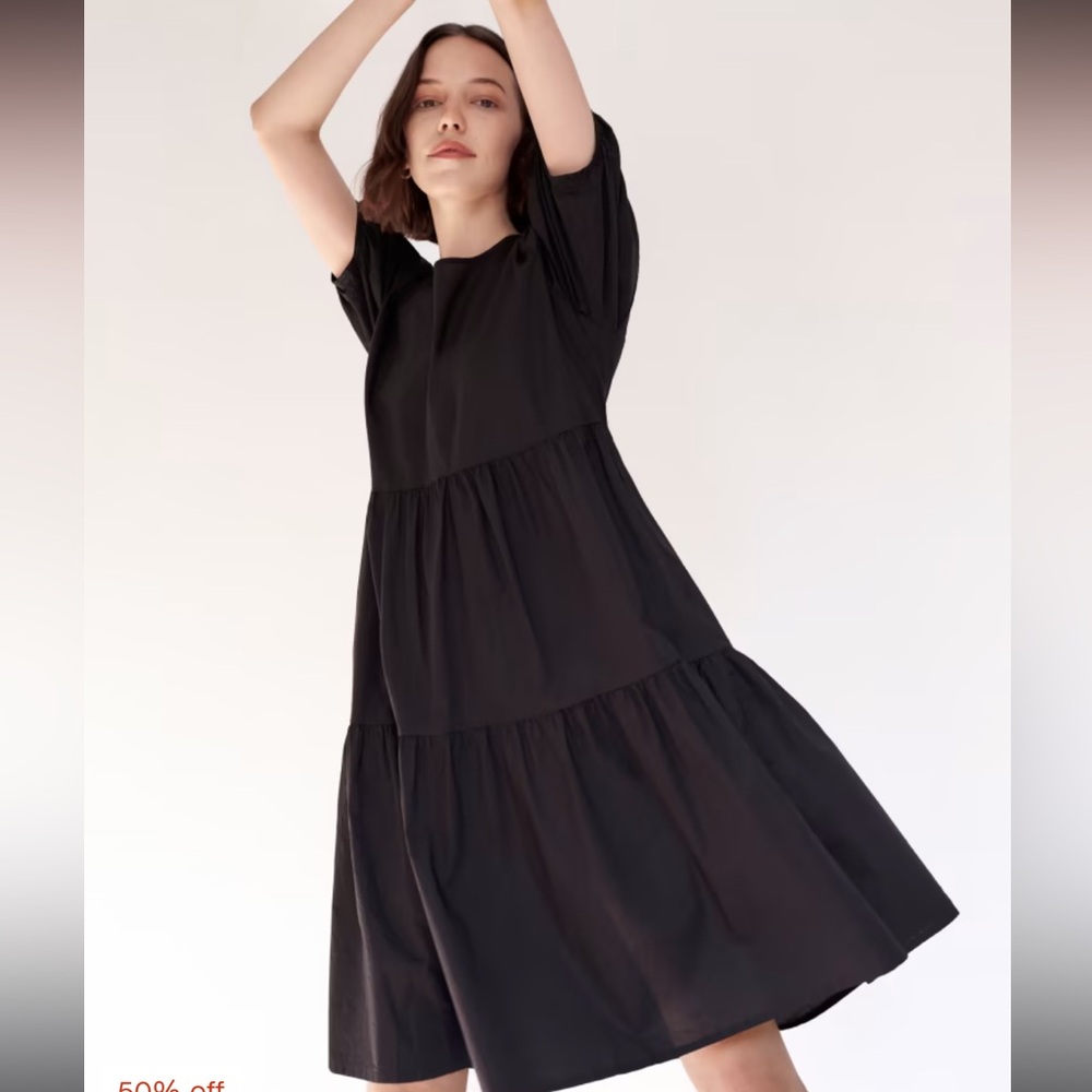 Everlane The Tiered Cotton Dress Puff Sleeve Midi Black Dress Size Large